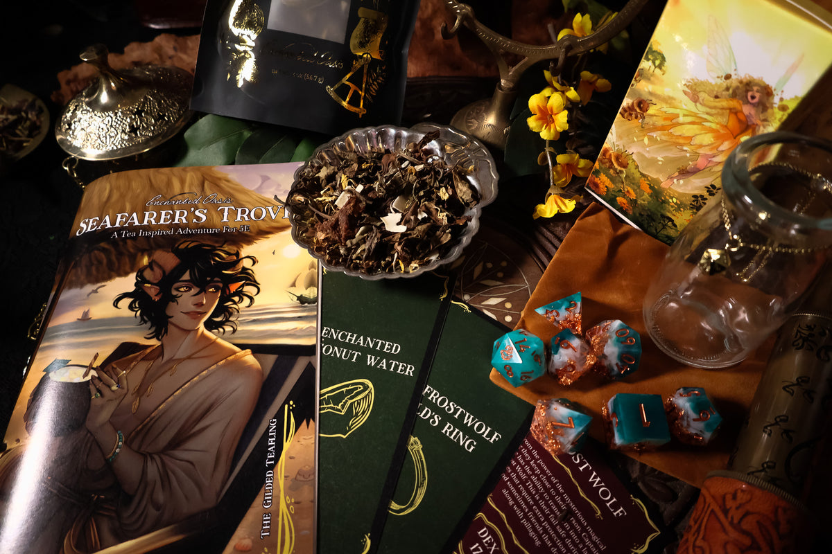 A styled tabletop arrangement featuring a book titled 'Seafarer's Trove', several green fantasy roleplaying books, a bowl of dried herbs, blue and orange polyhedral dice, a glass jar, and other mystical props in warm, dim lighting.