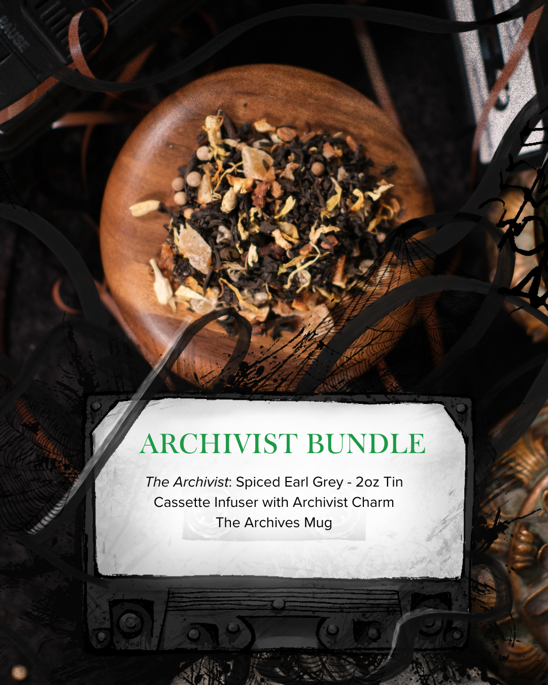 Tea leaves in a wooden bowl with a label for 'Archivist Bundle' on a dark background