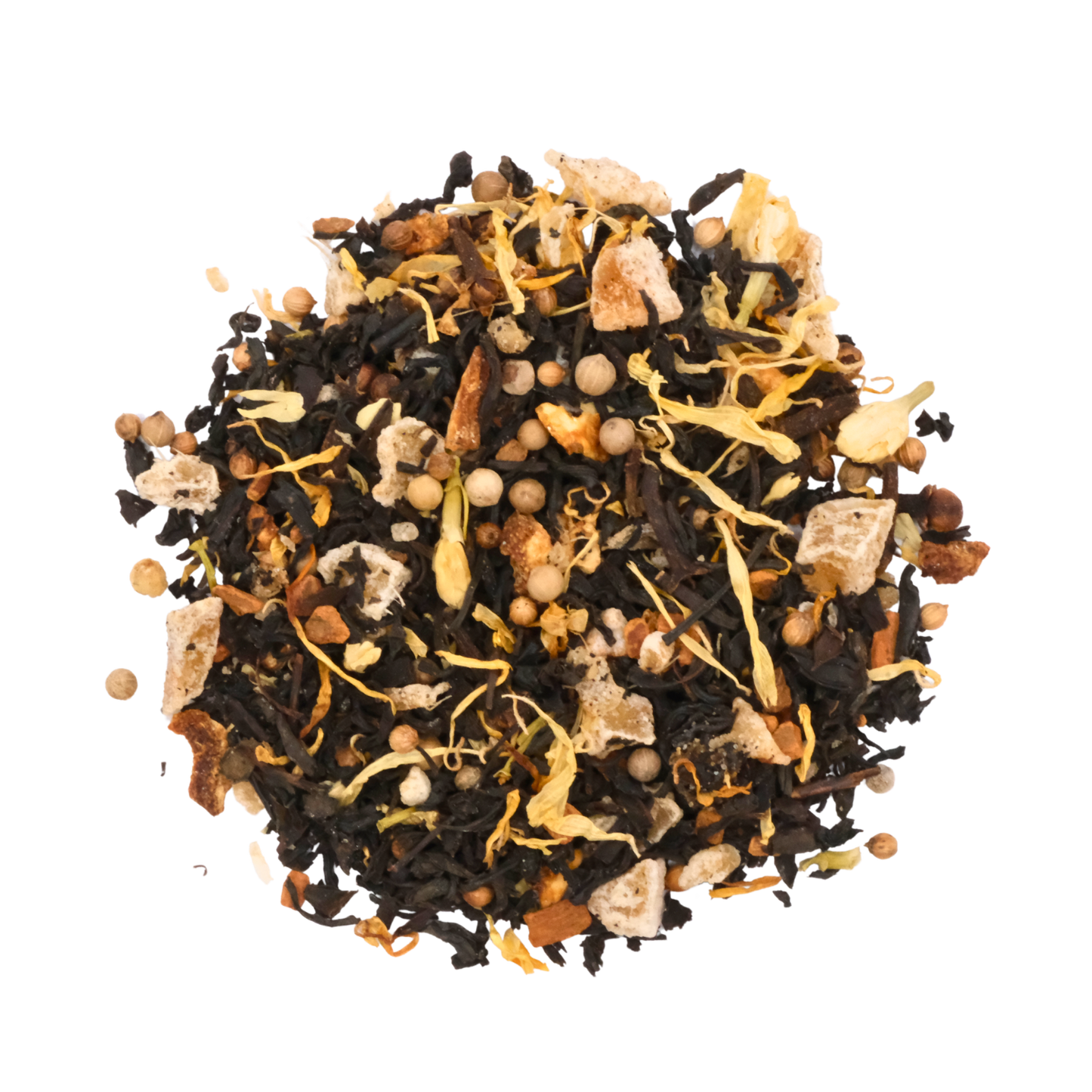 Assorted dry tea leaves on a white background