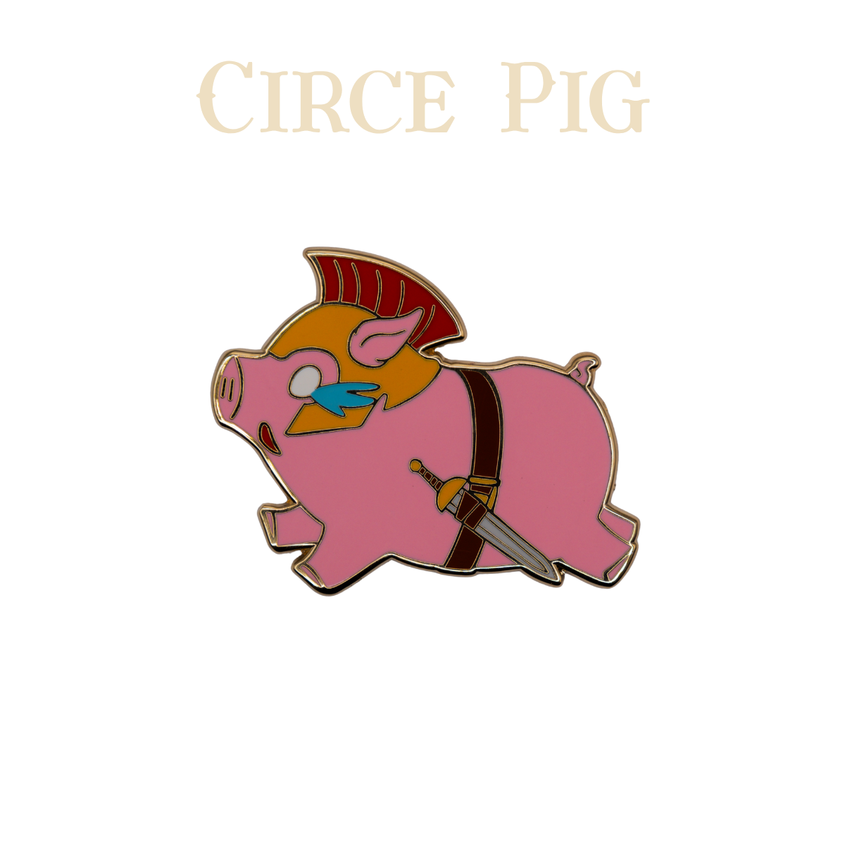 Pin of a crying pig in a greek helmet mid run