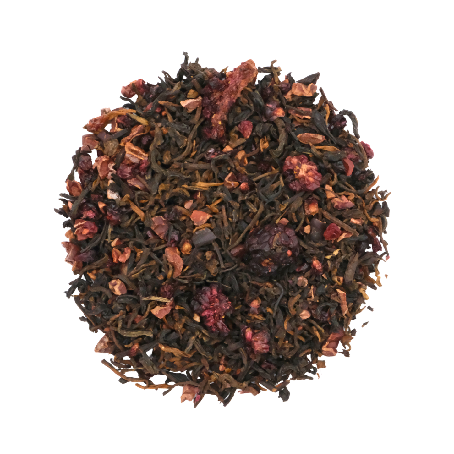 Tea leaves with visible black berries on a white background