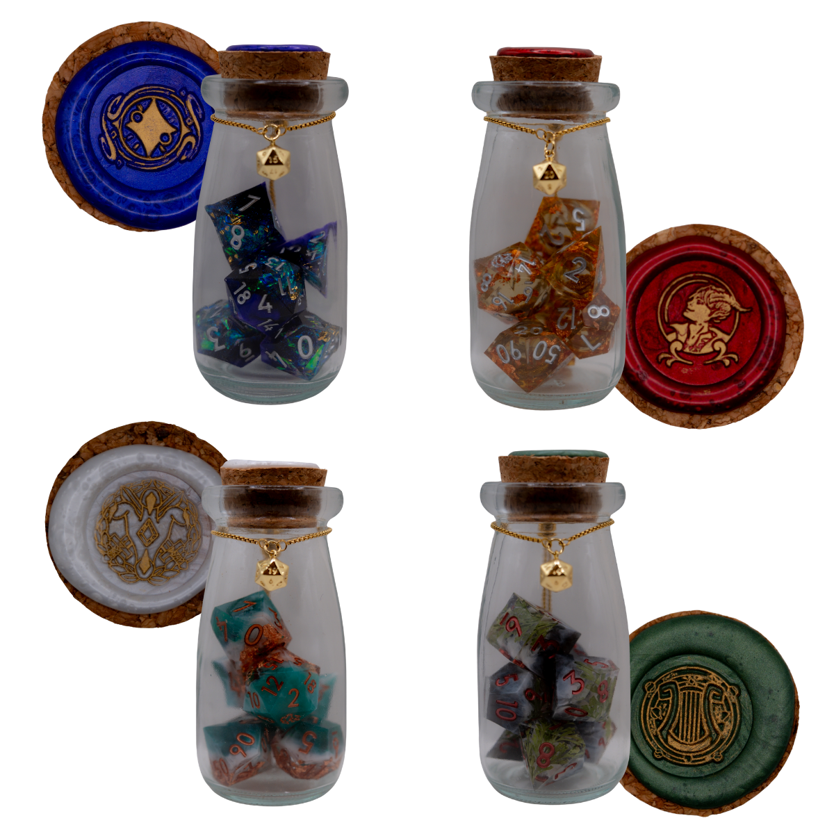 All four Dice Potions: Teafling, Dreamer, Adventurer, and Scholar bottles with d20 charms