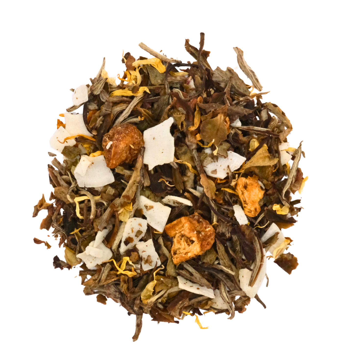 Top down view of loose flavored white tea, pineapple, coconut, and calendula blend