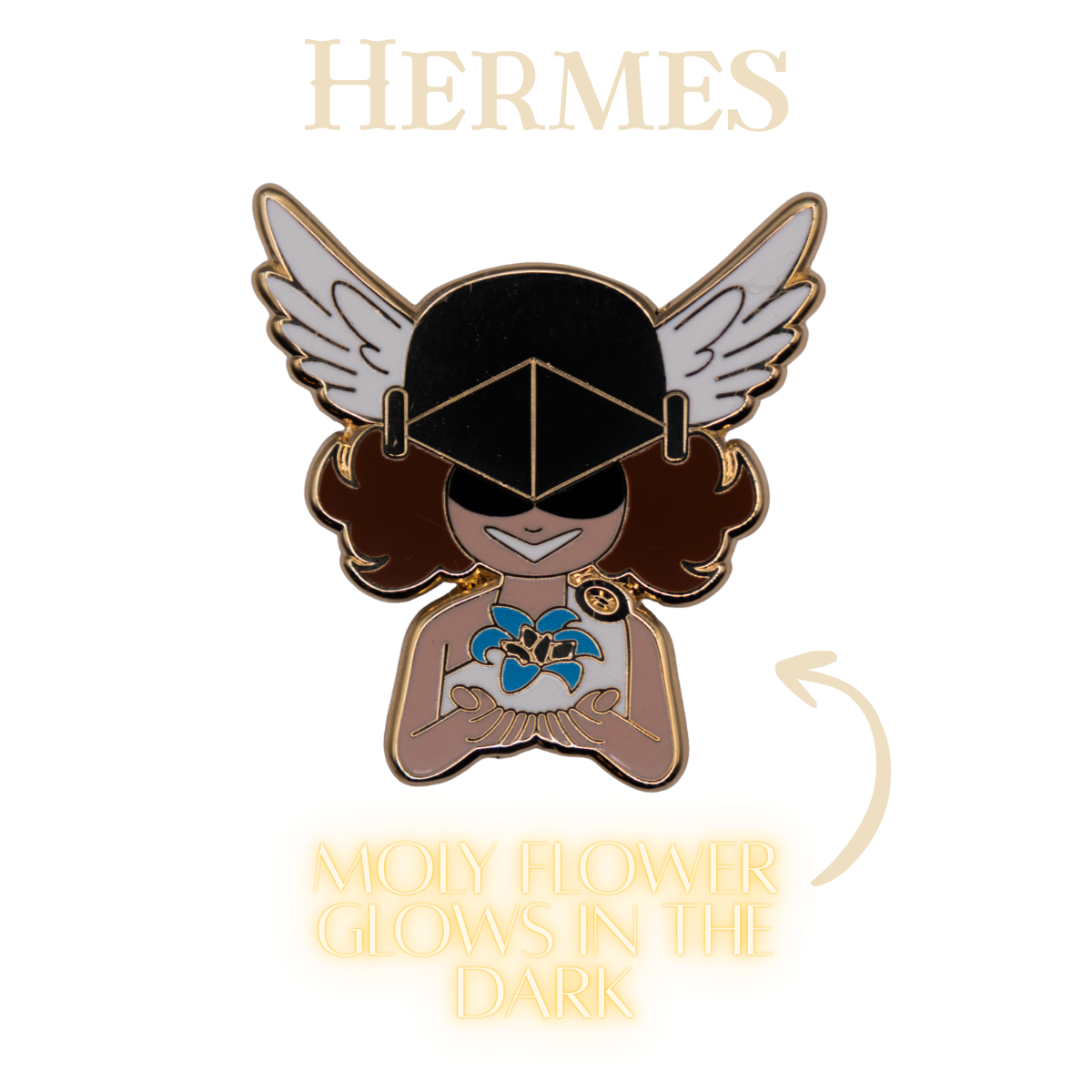 A stylized enamel pin featuring a winged figure with a black visor and brown hair, holding a glowing blue flower, with the word HERMES above and the phrase MOLY FLOWER GLOWS IN THE DARK below on a white background.