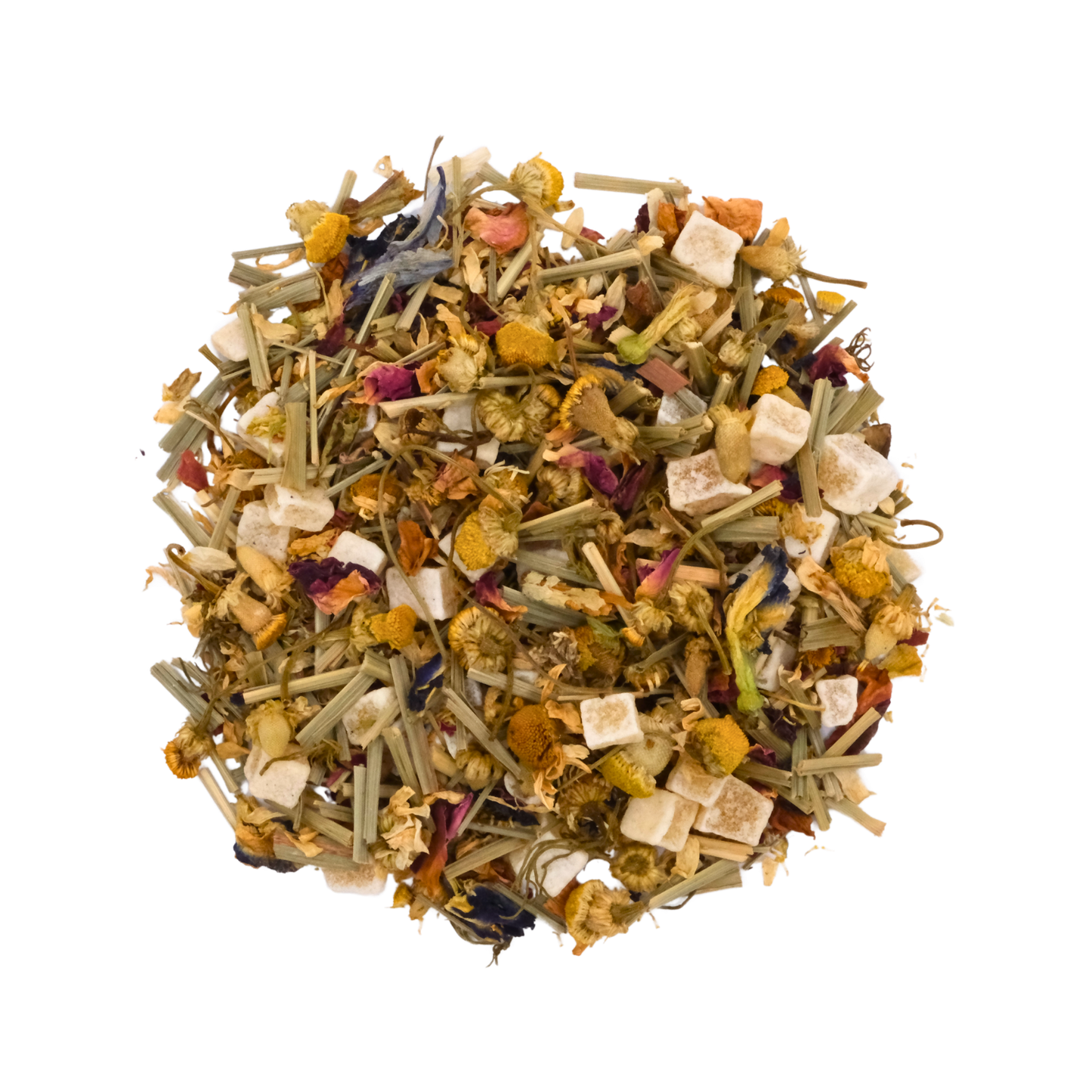 Assorted dried herbs and flowers on a white background