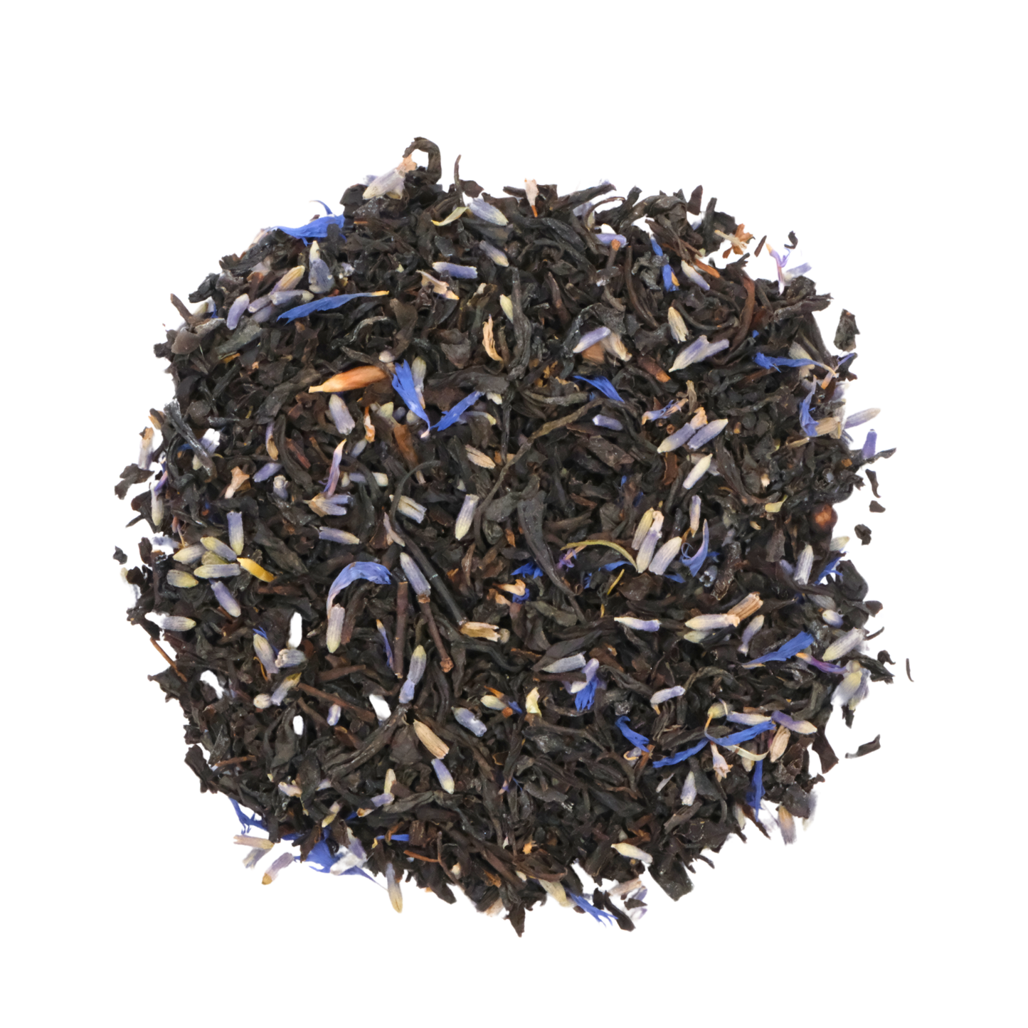 Black tea leaves with blue flowers on a white background
