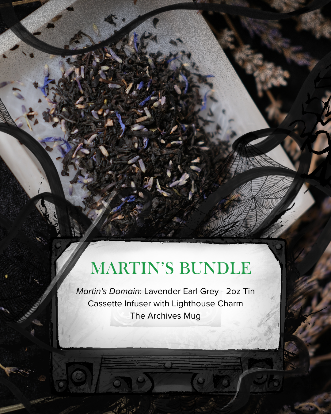 Foggy white dish with dried herbs and a label for 'Martin's Bundle' on a dark background