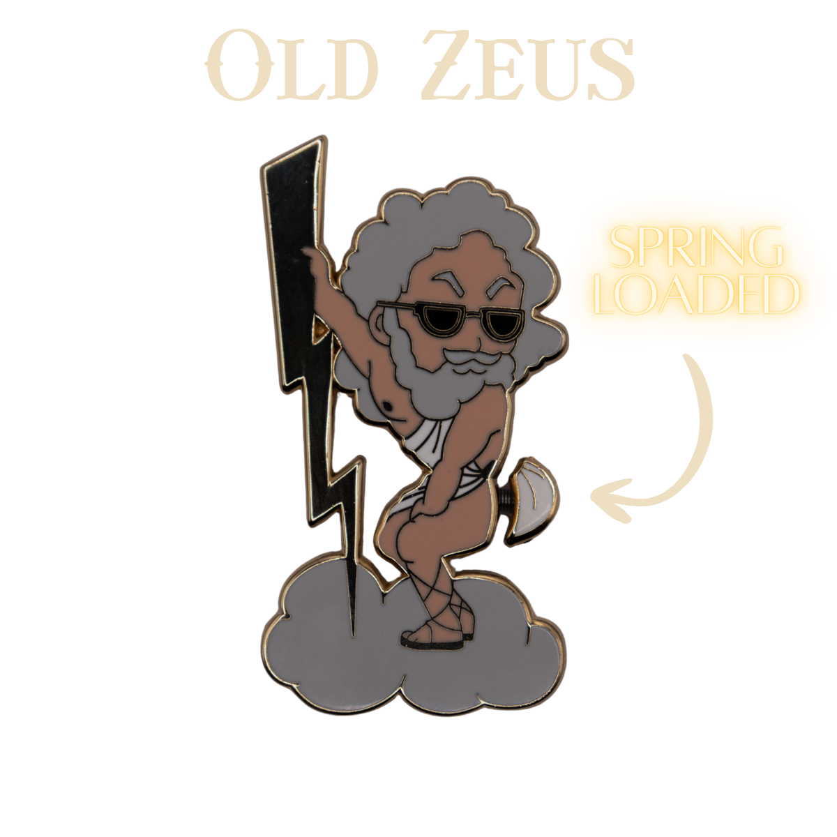 A cartoon-style enamel pin of 'Old Zeus' wearing sunglasses and holding a lightning bolt, standing on a cloud. The text 'OLD ZEUS' is above, and 'SPRING LOADED' with an arrow points to the pin.