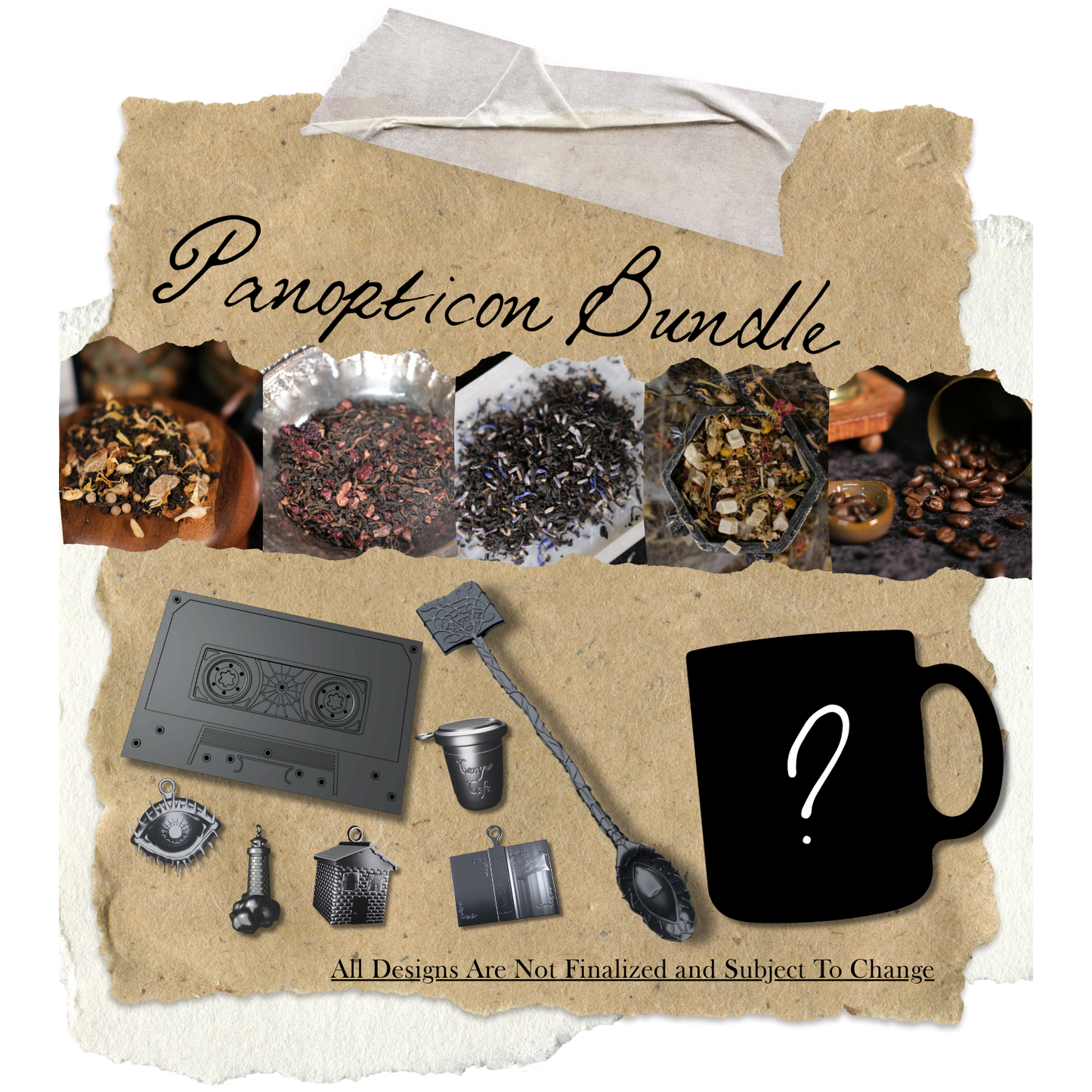 Collage of four different loose leaf teas, a whole bean coffee; digital mockups of a tape recorder tape shaped infuser, a teaspoon with an eye in the bowl and tape on top,a mystery mug, and five charms including an eye, a house, a lighthouse, a book, and a melting coffee cup as portrayed in The Magnus Archives Podcast.