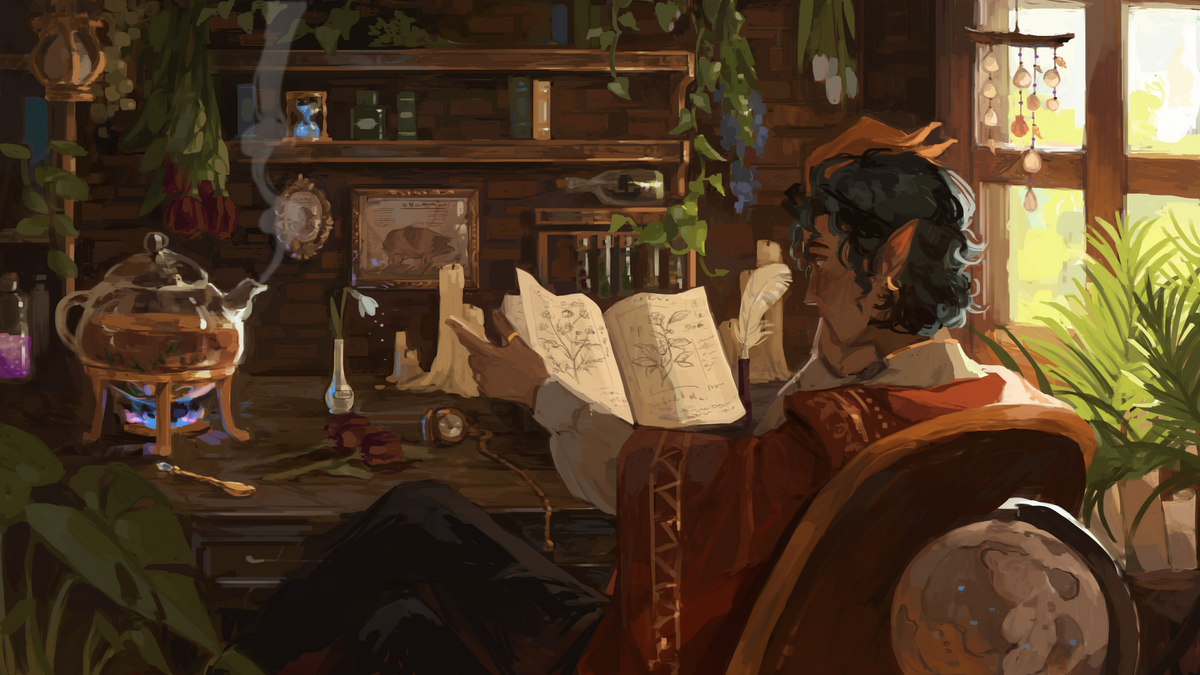 A fantasy-style illustration of a horned person with pointed ears sitting in a rustic wooden room, reading an open book. The scene includes shelves with bottles and plants, a glowing teapot, candles, and warm sunlight coming through a window.