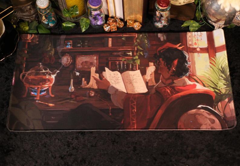 Decorative placemat with a fantasy scene of a horned human in a room with books and potions.