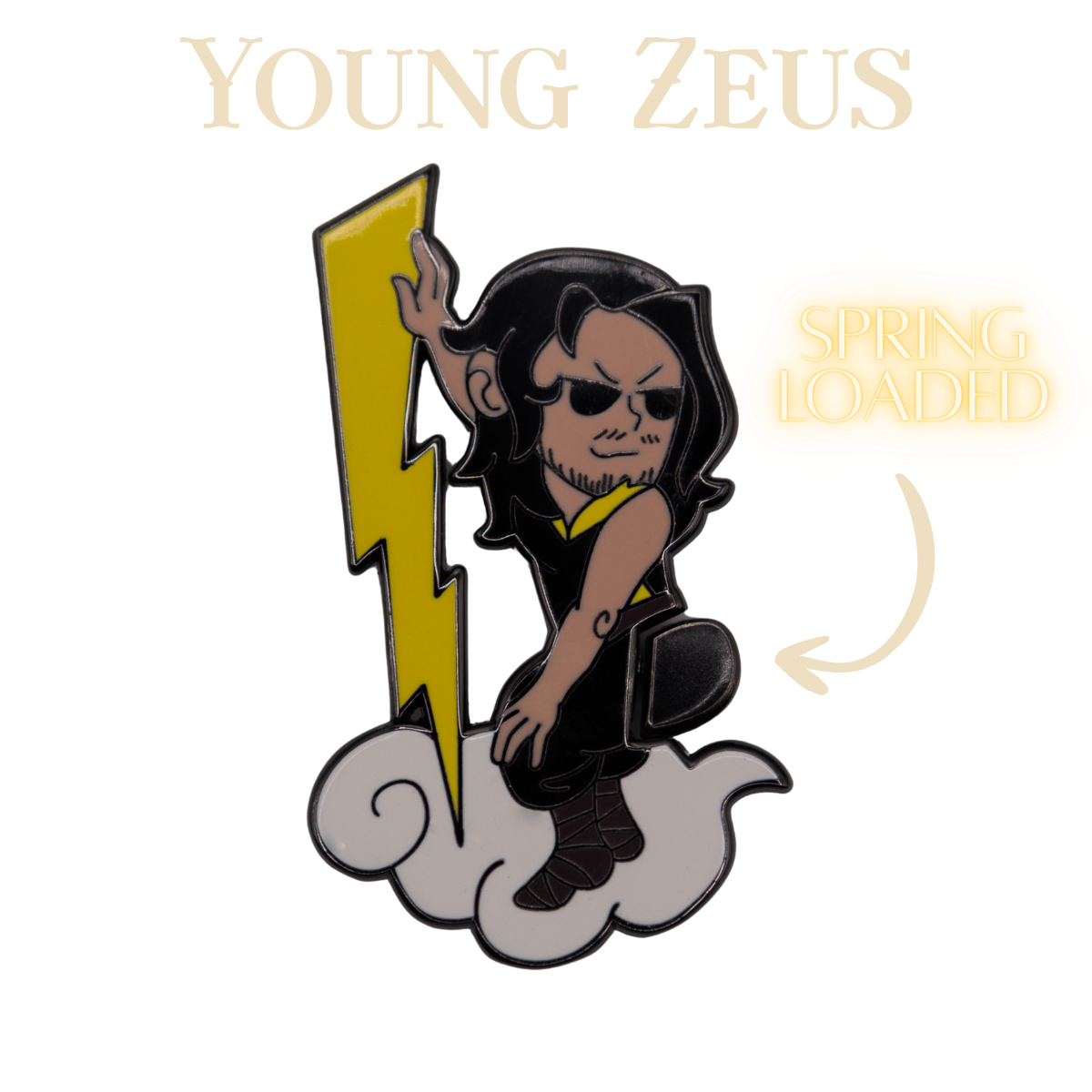 A cartoon-style enamel pin of a young Zeus character crouching on a cloud and holding a lightning bolt. The pin has a black and yellow color scheme with gray cloud details.