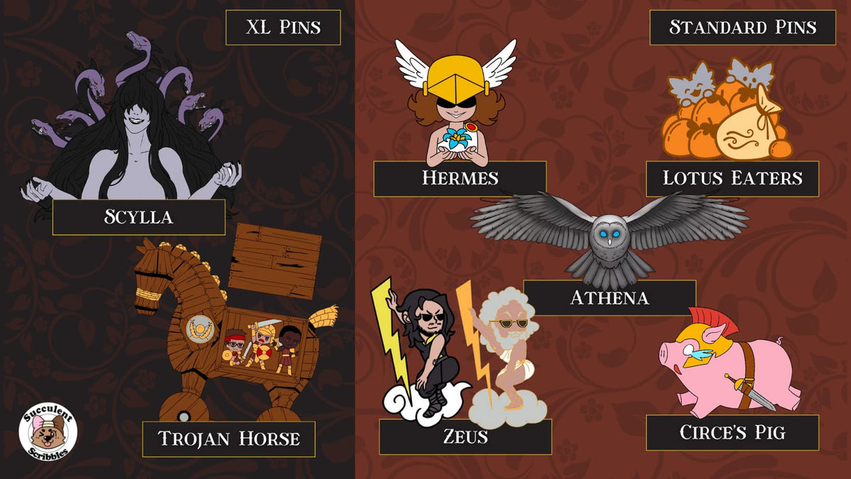 Collection of pins with various characters and labels on a dark background
