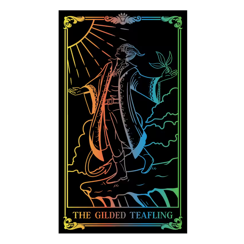 Colorful illustration of a tarot card titled 'The Gilded Teafling' on a black background.